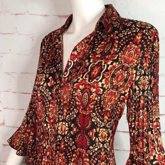 ESSENTIALS By MILANO Pleated S 3/4 Bell Sleeve Rust Cream Black Print Blouse - Picture 4 of 13